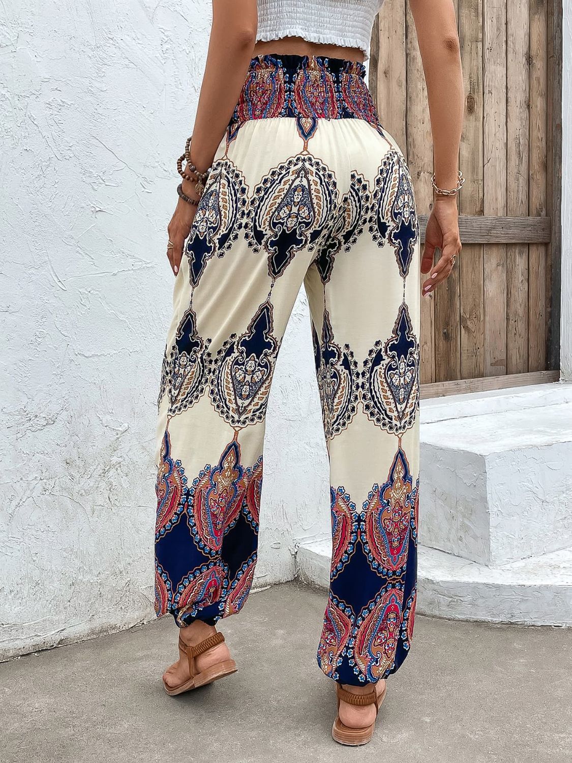 Printed Smocked High Waist Pants - AllIn Computer