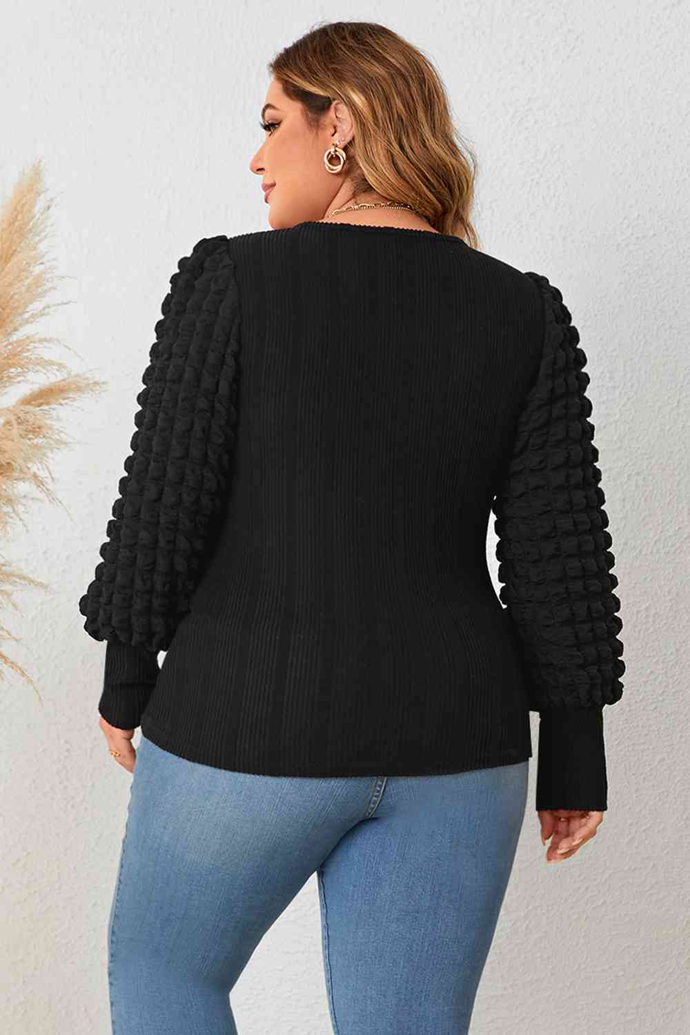 Plus Size Round Neck Lantern Sleeve Blouse - AllIn Computer