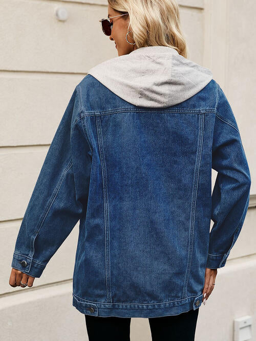 Drawstring Button Up Hooded Denim Jacket - AllIn Computer