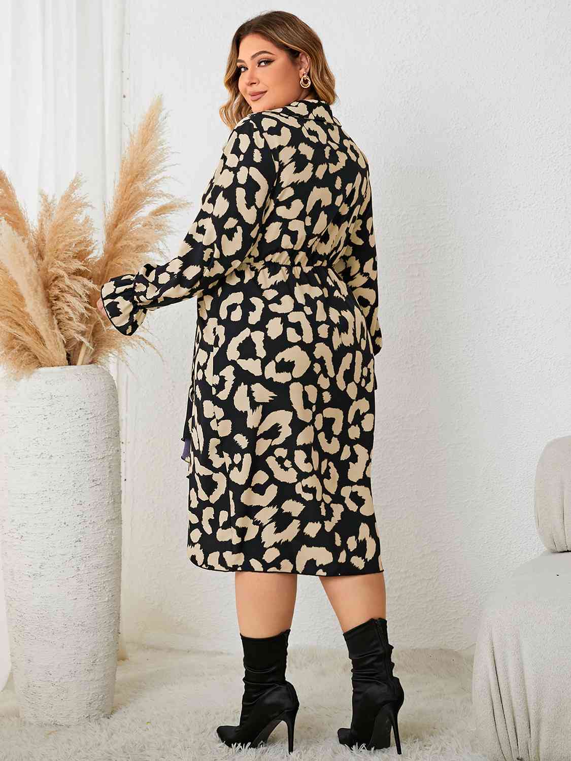 Plus Size Leopard Surplice Neck Flounce Sleeve Dress - AllIn Computer