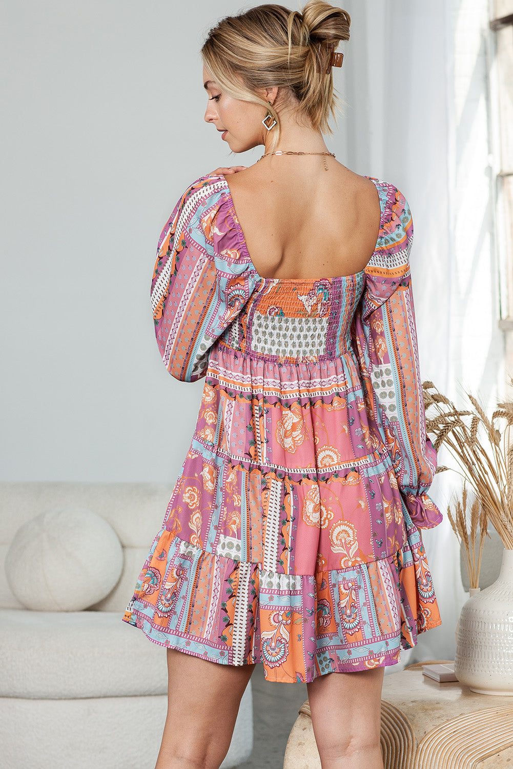Printed Scoop Neck Flounce Sleeve Dress - AllIn Computer