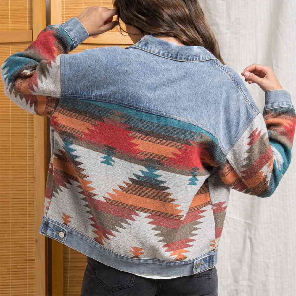 Printed Button Down Denim Shacket - AllIn Computer