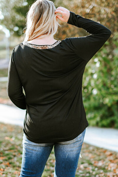 Plus Size Sequin V-Neck Long Sleeve T-Shirt - AllIn Computer