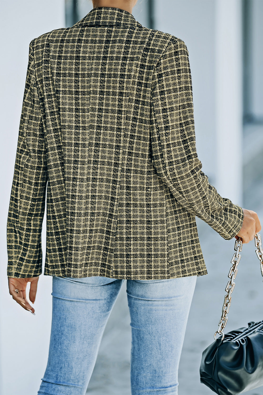 Plaid Double-Breasted Long Sleeve Blazer - AllIn Computer