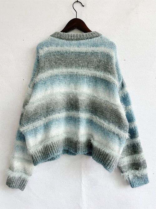 Striped Round Neck Long Sleeve Sweater - AllIn Computer