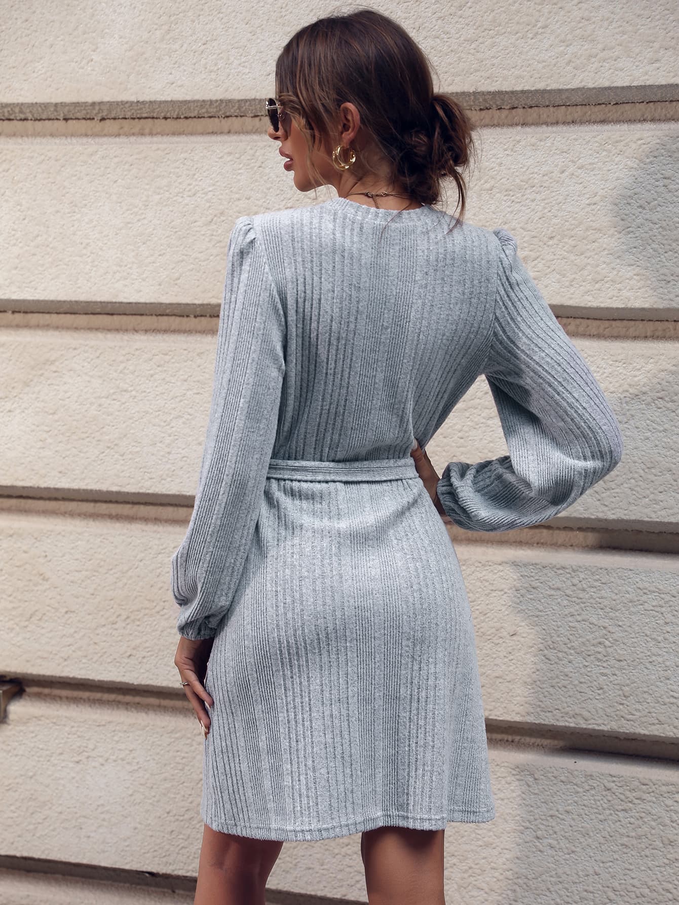 Tie Waist Puff Sleeve Round Neck Mini Dress - AllIn Computer