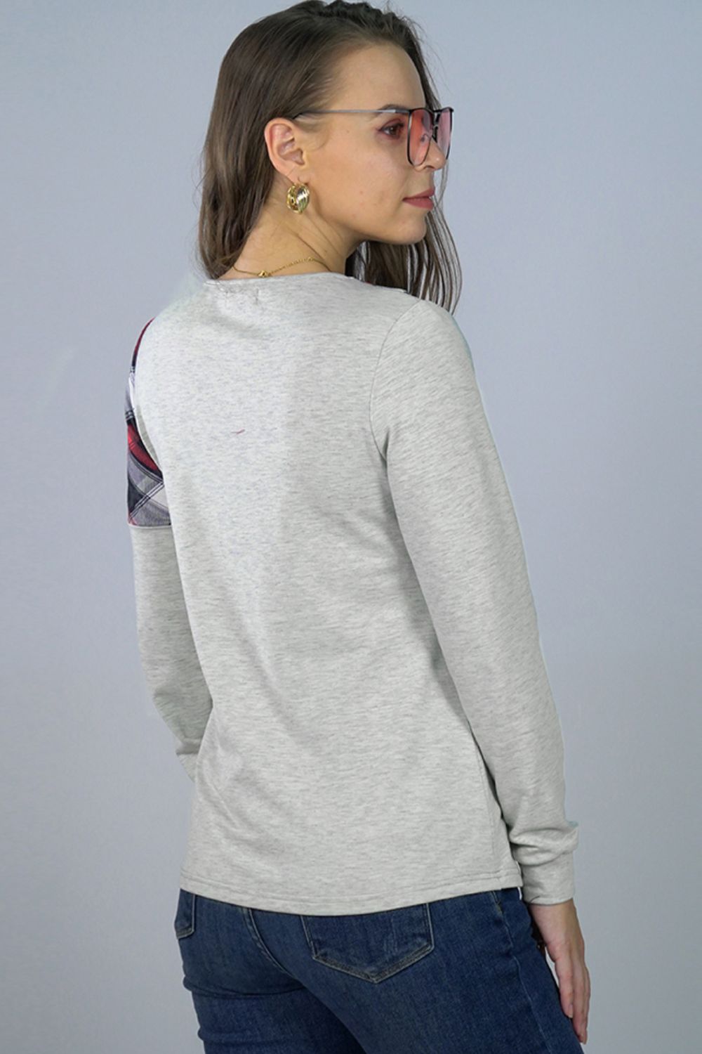 Asymmetrical Plaid Print Long Sleeve Tee - AllIn Computer