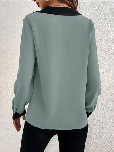 Contrast Trim V-Neck Long Sleeve Blouse - AllIn Computer