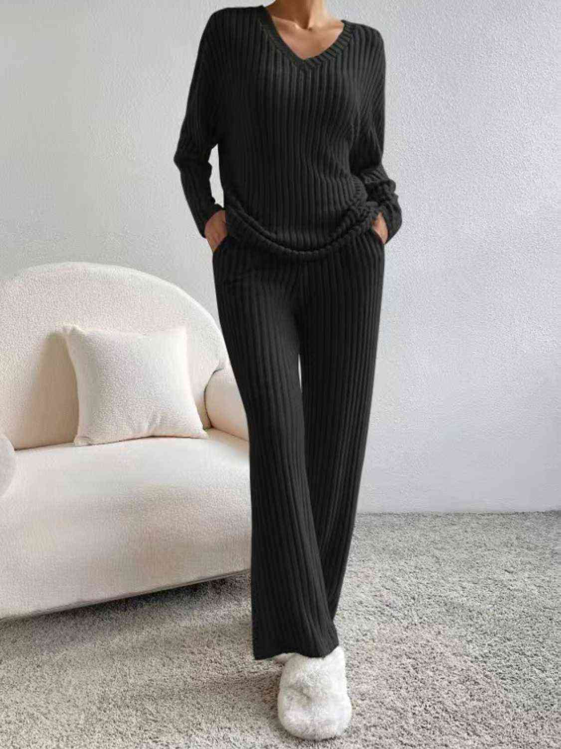 Ribbed V-Neck Long Sleeve Top and Pants Set - AllIn Computer