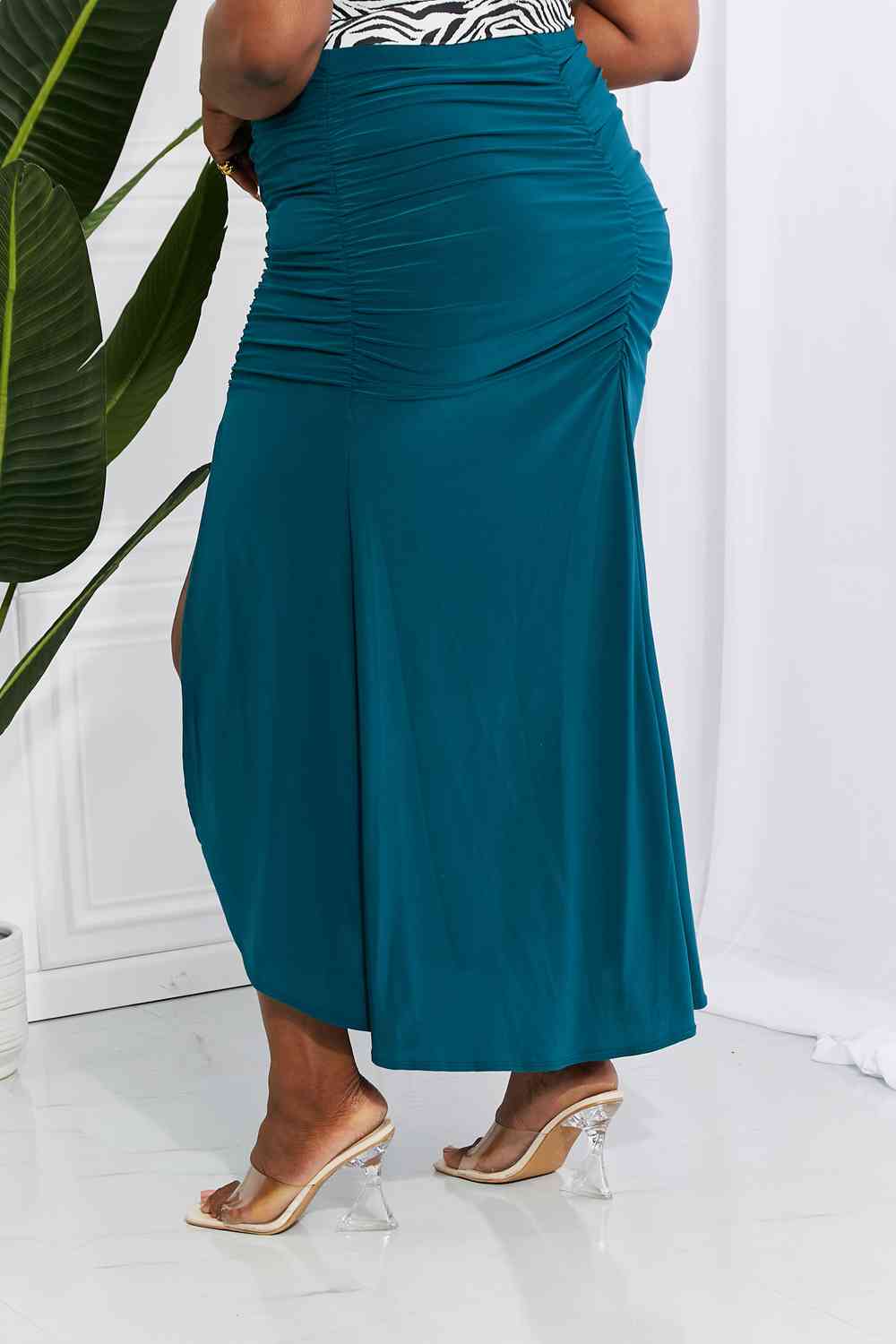 White Birch Full Size Up and Up Ruched Slit Maxi Skirt in Teal - AllIn Computer