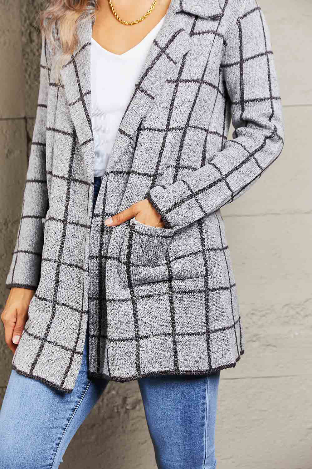 Double Take Printed Open Front Lapel Collar Cardigan with Pockets - AllIn Computer