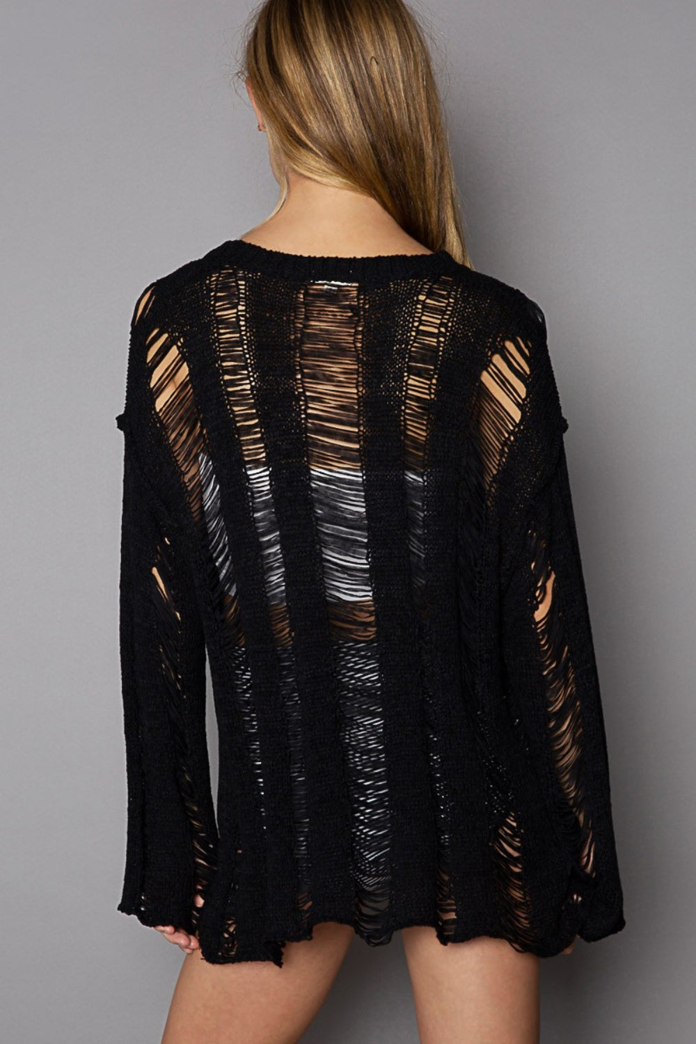 POL Distressed Round Neck Long Sleeve Knit Cover Up - AllIn Computer