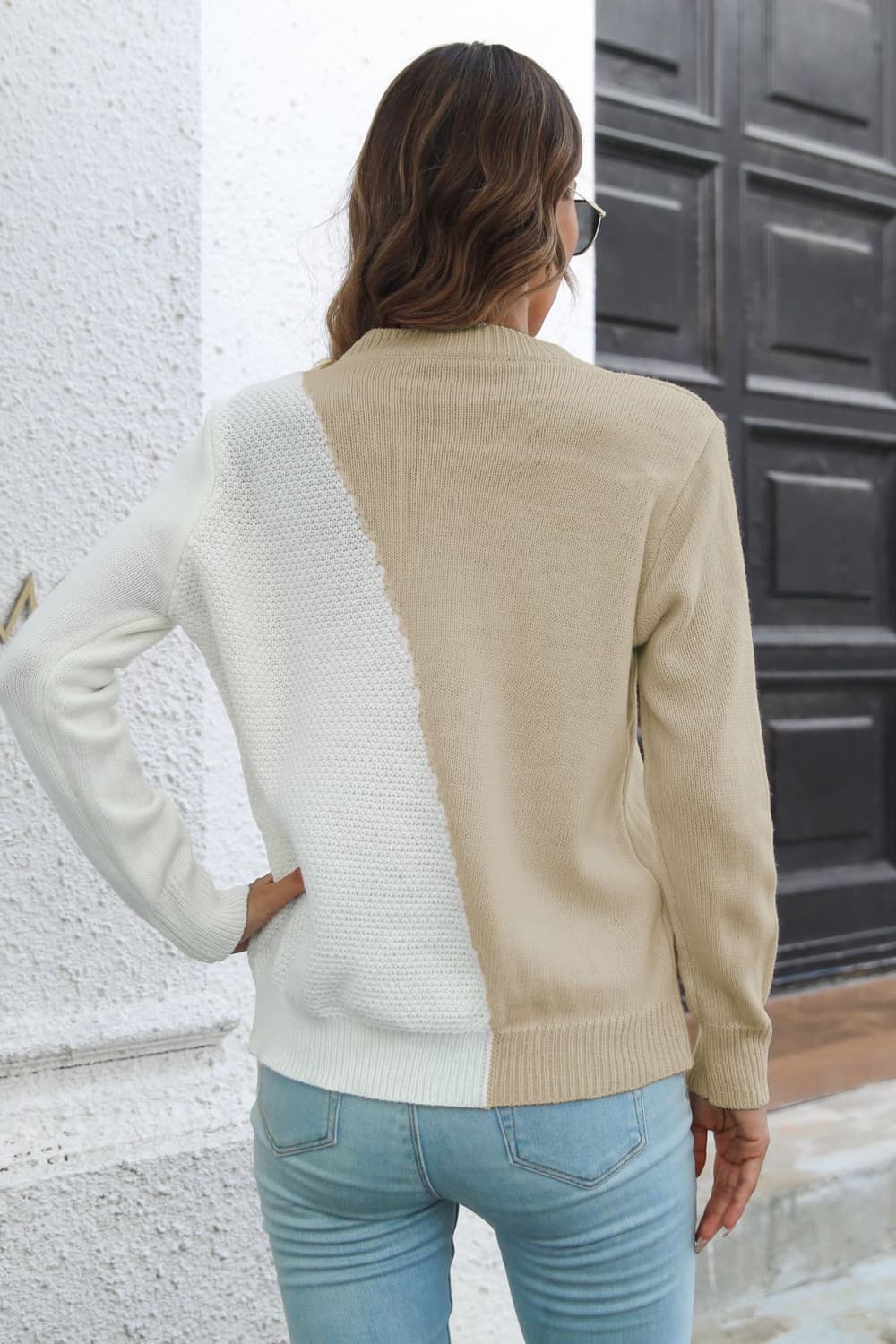 Contrast Color Round Neck Long Sleeve Sweater - AllIn Computer
