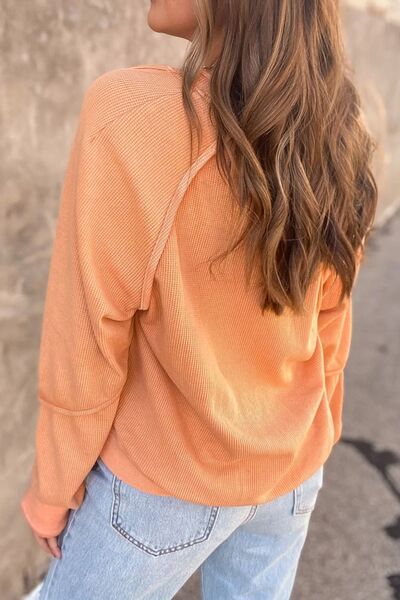 Waffle Knit V-Neck Long Sleeve T-Shirt - AllIn Computer