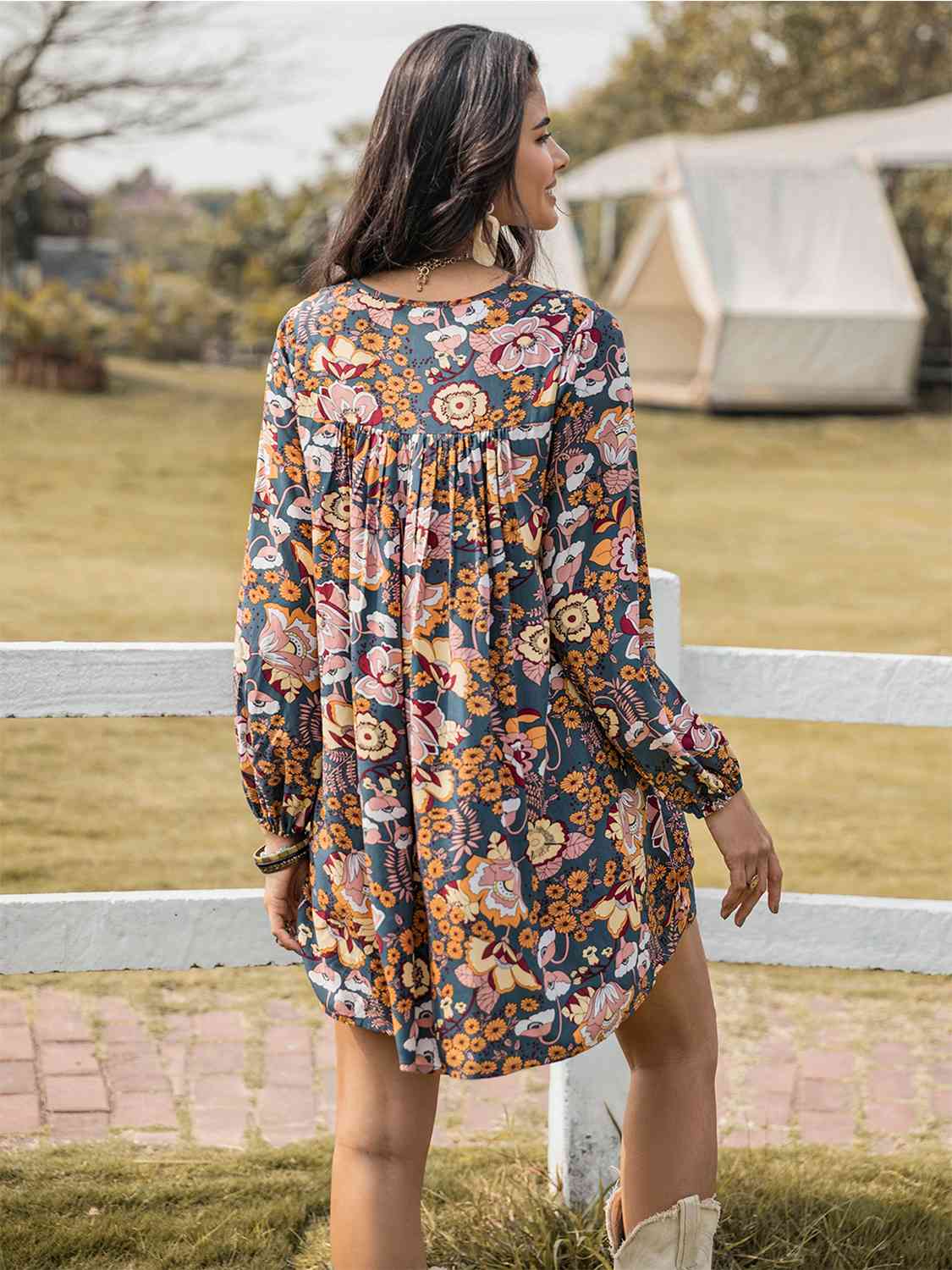 Floral Ruched V-Neck Long Sleeve Dress - AllIn Computer