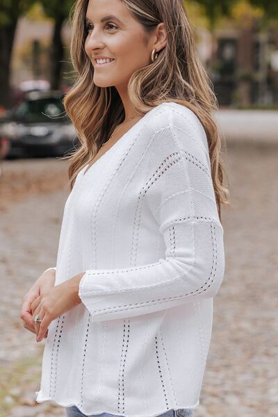 Openwork V-Neck Long Sleeve Knit Top - AllIn Computer