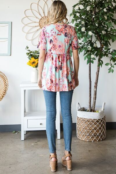Heimish Full Size Floral V-Neck Short Sleeve Babydoll Blouse - AllIn Computer
