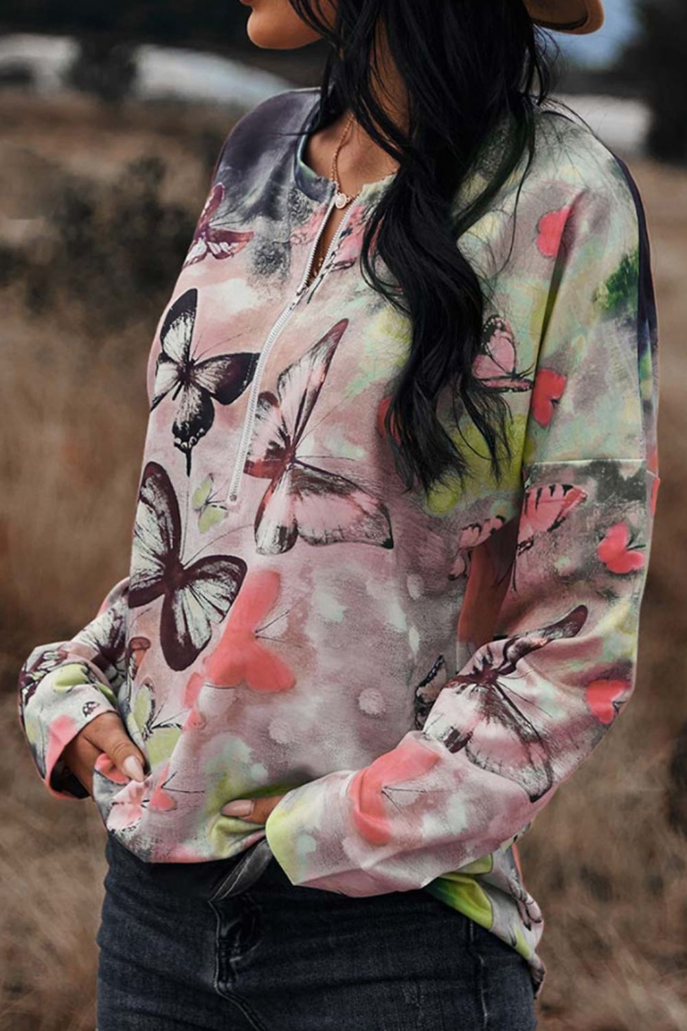 Butterflies Print Round Neck Zipper Front Blouse - AllIn Computer