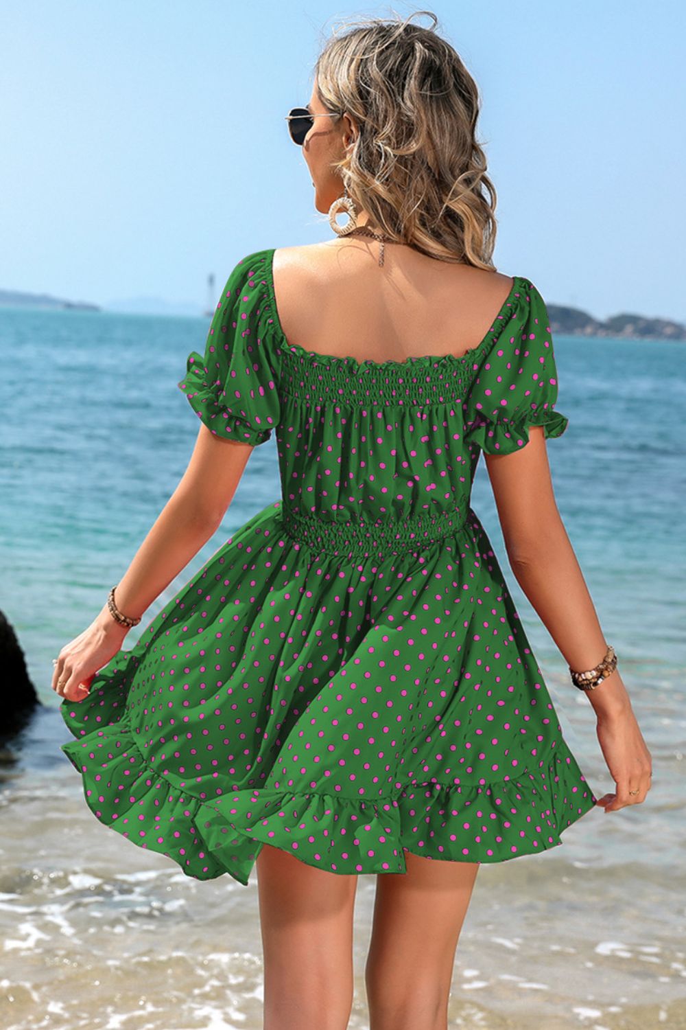 Polka Dot Square Neck Smocked Waist Dress - AllIn Computer