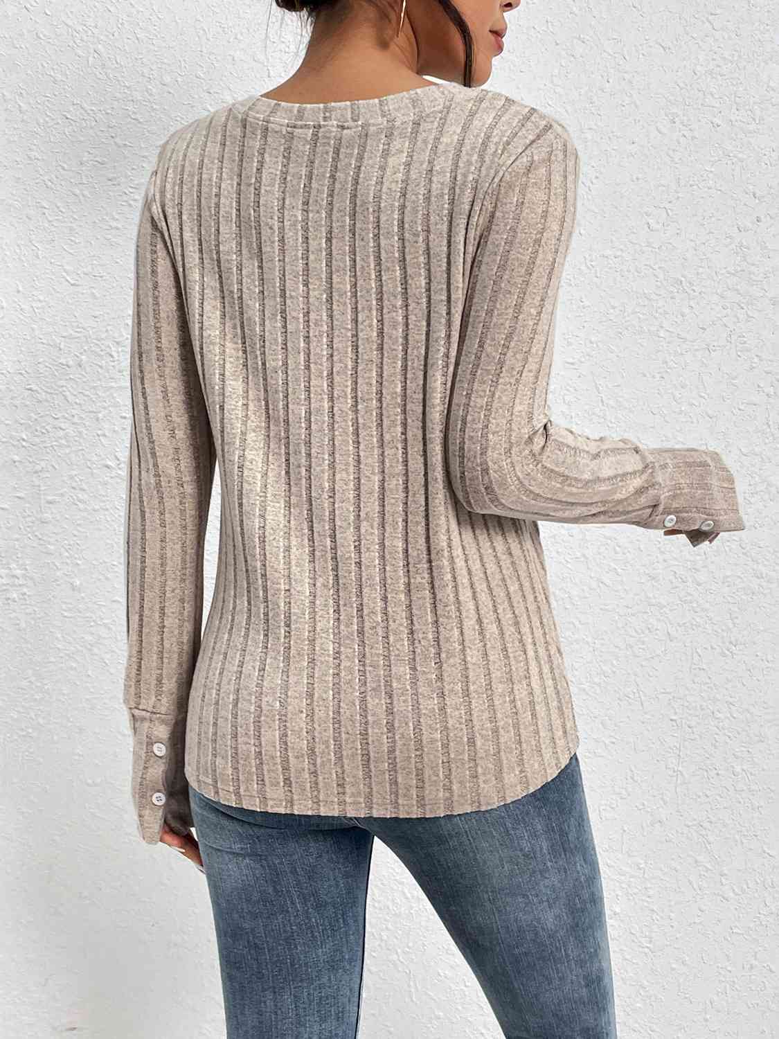 Lace Detail Ribbed V-Neck Long Sleeve Top - AllIn Computer