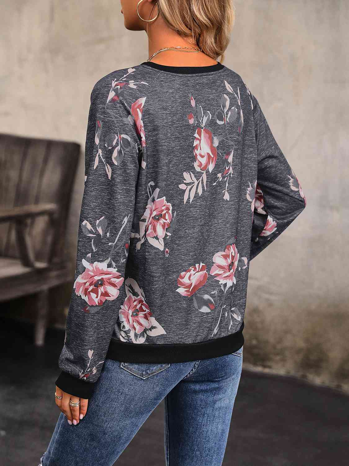 Floral Round Neck Raglan Sleeve Sweatshirt - AllIn Computer