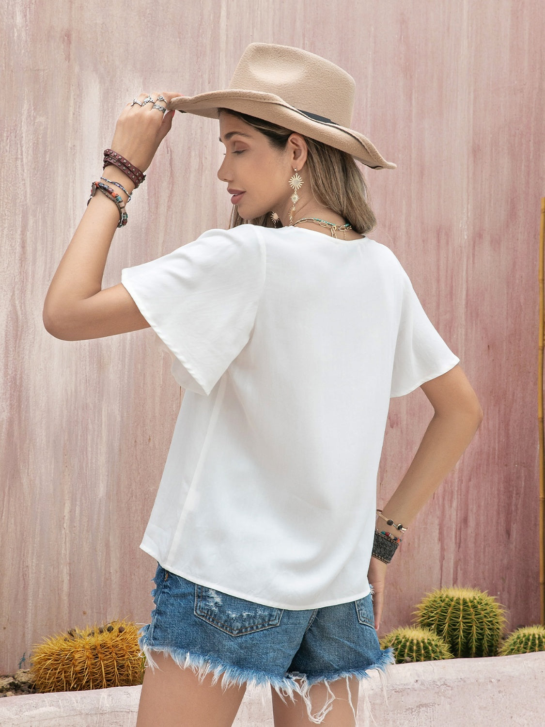 Graphic V-Neck Flutter Sleeve T-Shirt - AllIn Computer