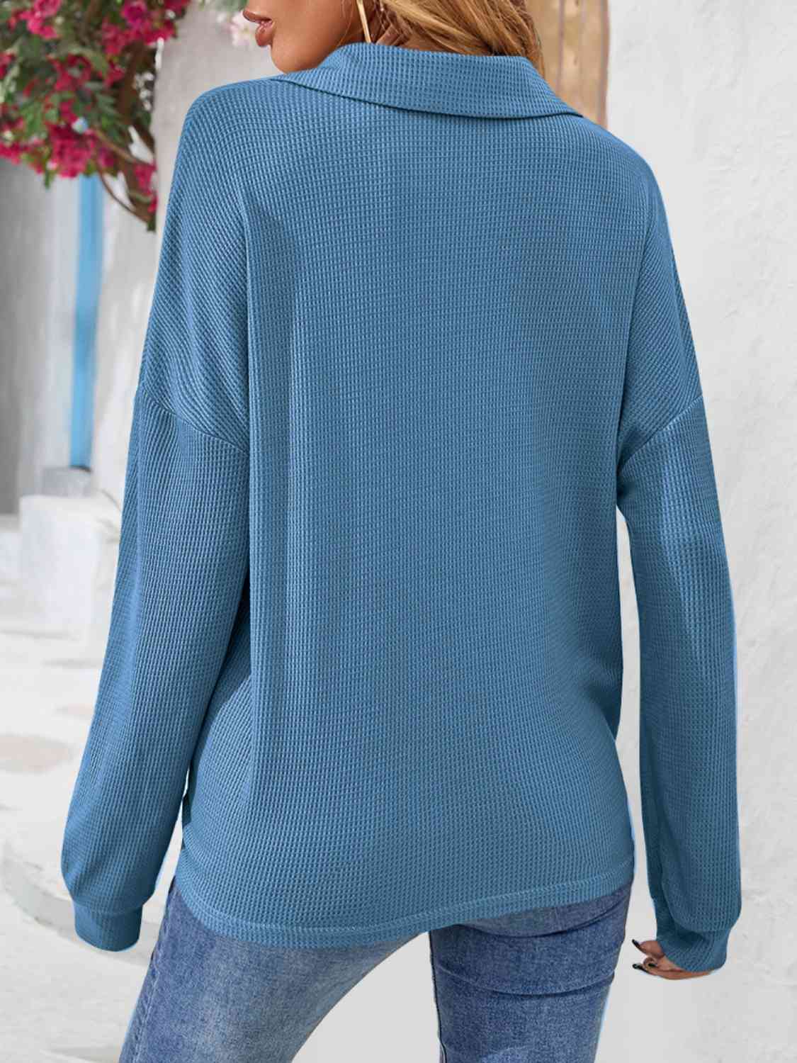 Half Button Collared Neck Long Sleeve Top - AllIn Computer