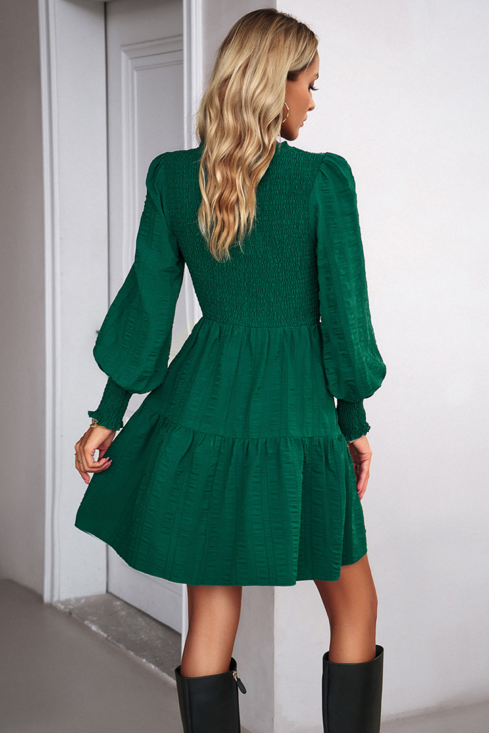 Smocked Lantern Sleeve Mini Dress - AllIn Computer