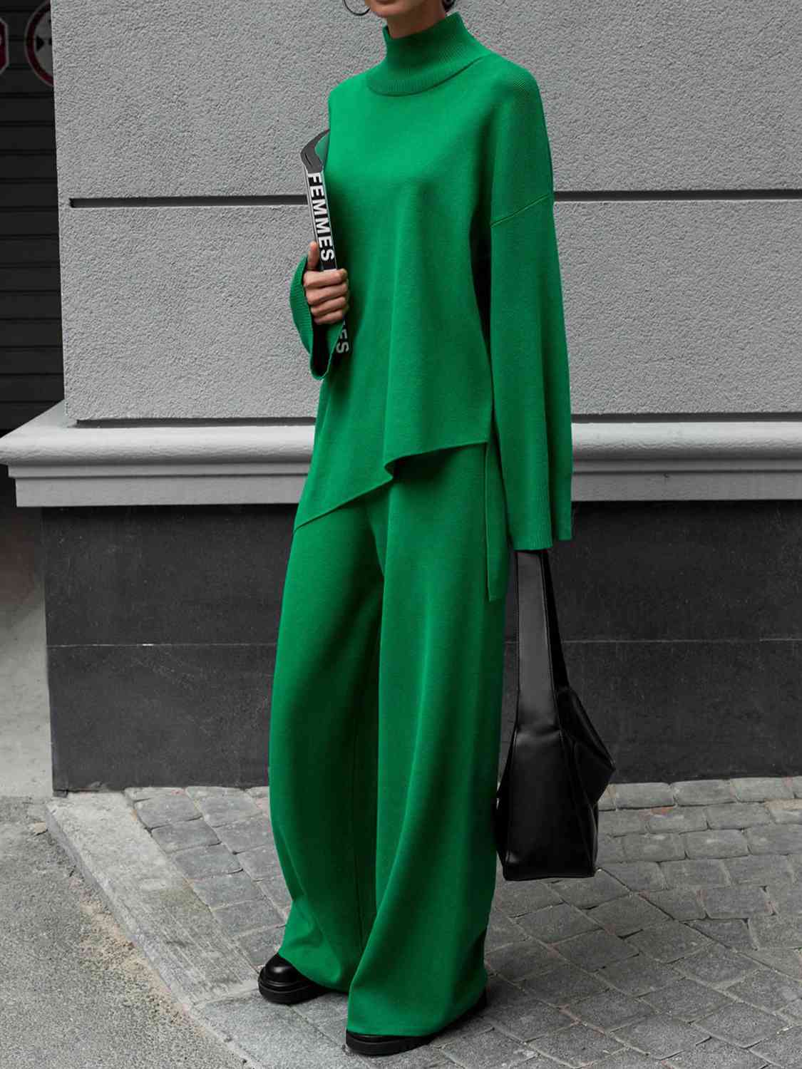 Asymmetrical Hem Knit Top and Pants Set - AllIn Computer
