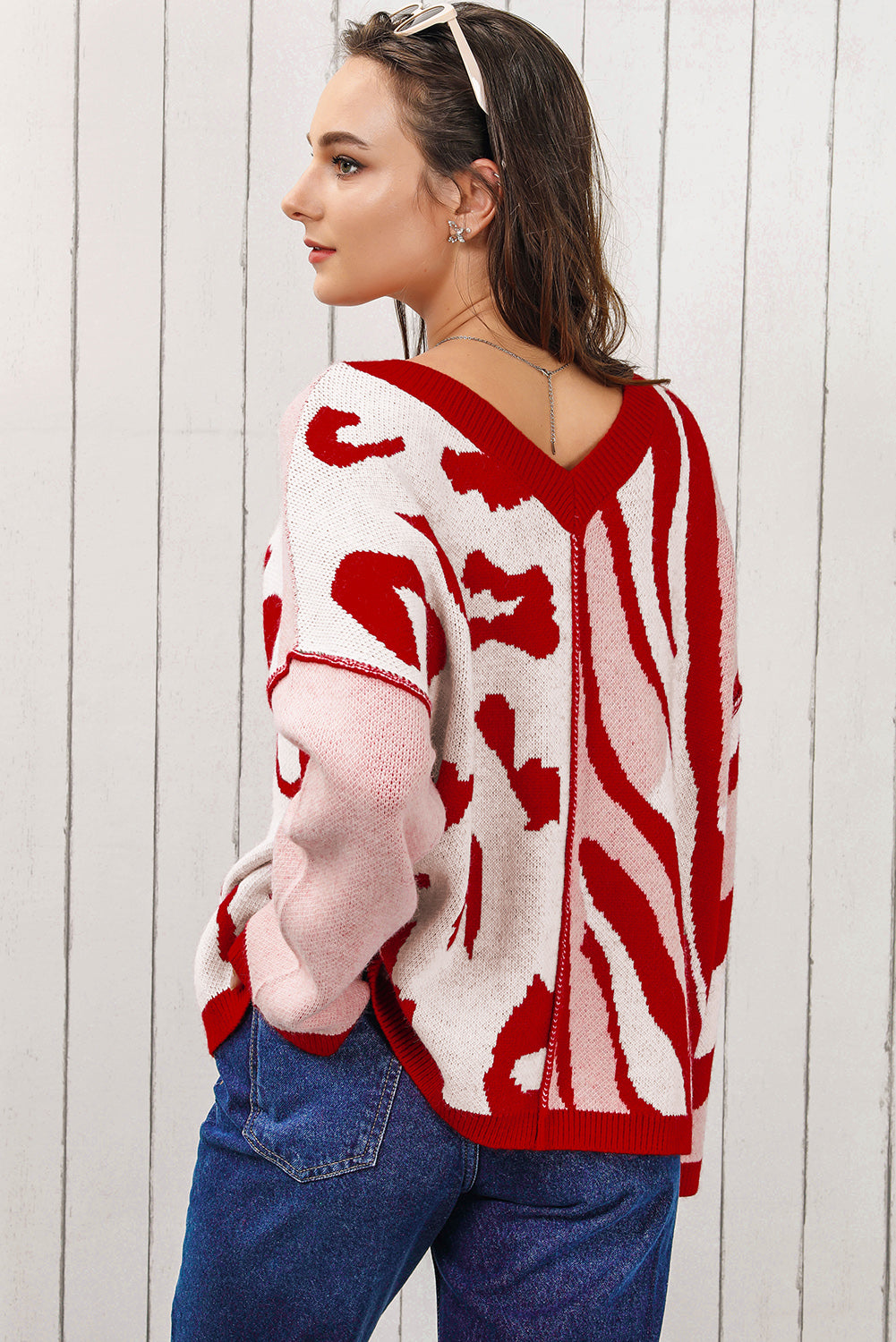 V-Neck Printed Dropped Shoulder Sweater - AllIn Computer