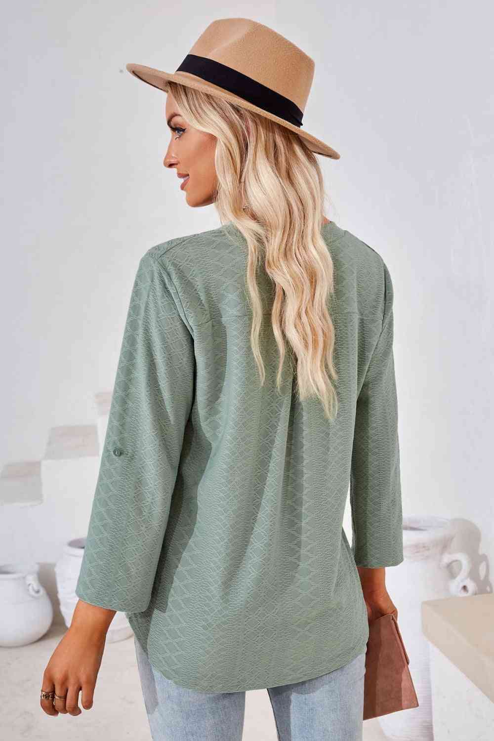 V-Neck Roll-Tap Sleeve Blouse - AllIn Computer