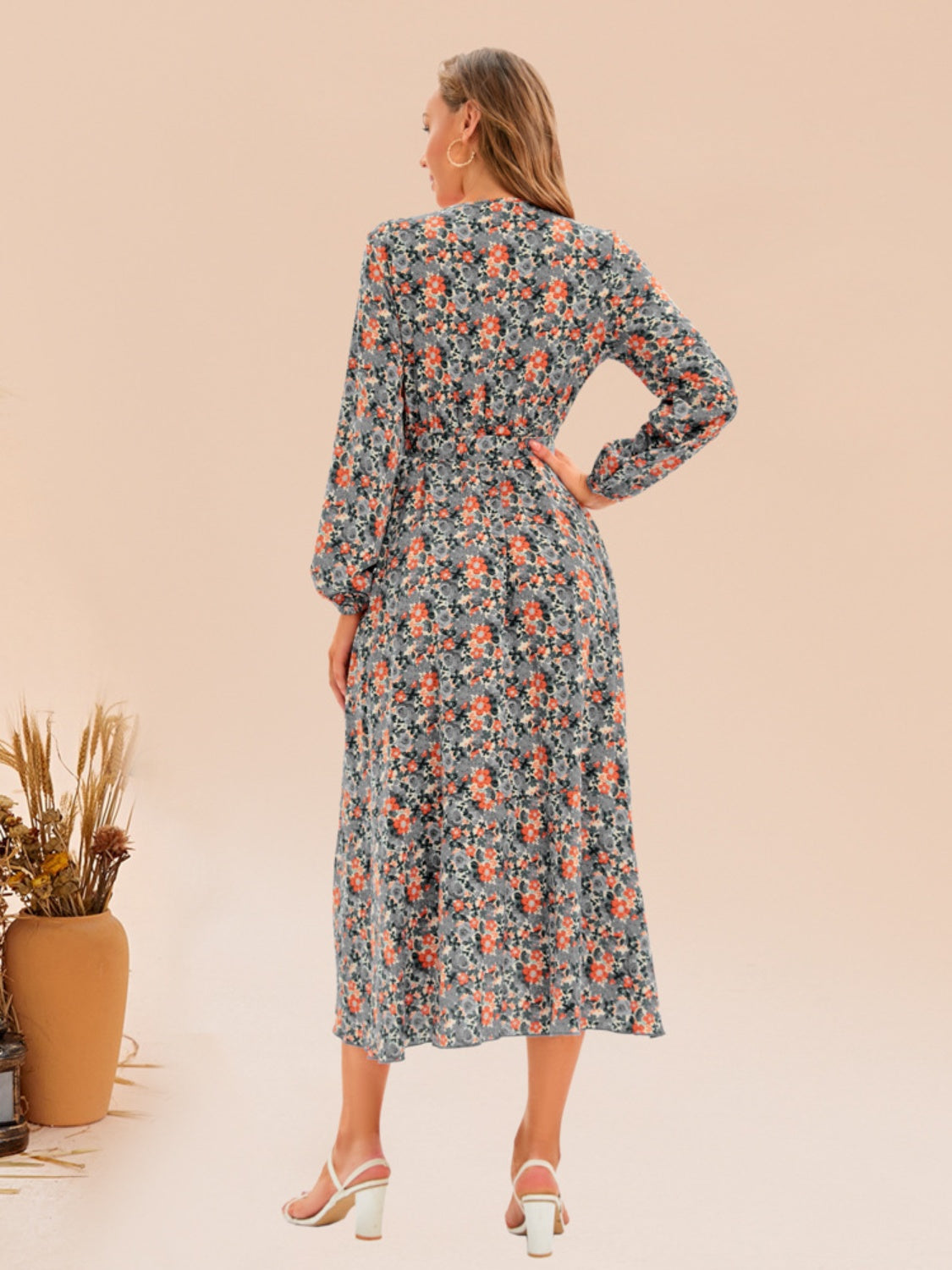 Full Size Printed Surplice Long Sleeve Dress - AllIn Computer