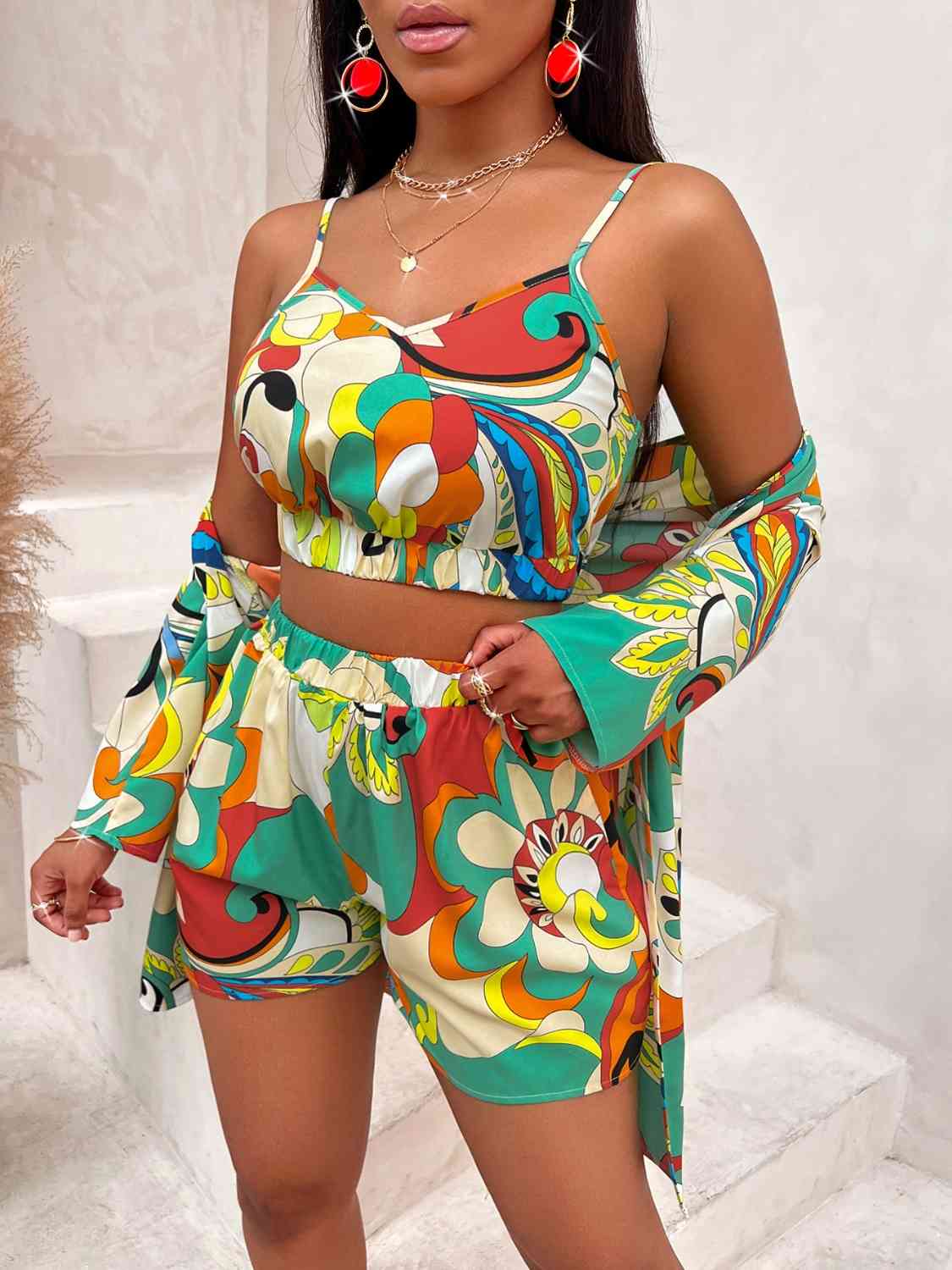 Printed Cami, Shorts, and Cardigan Set - AllIn Computer