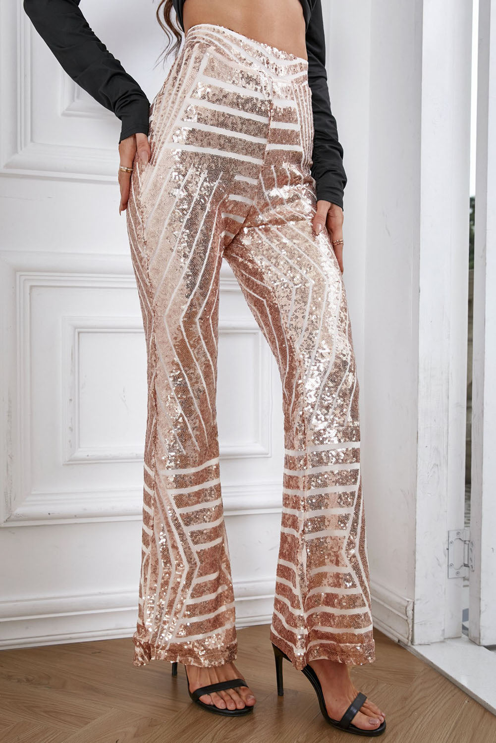 Double Take Sequin High Waist Flared Pants - AllIn Computer