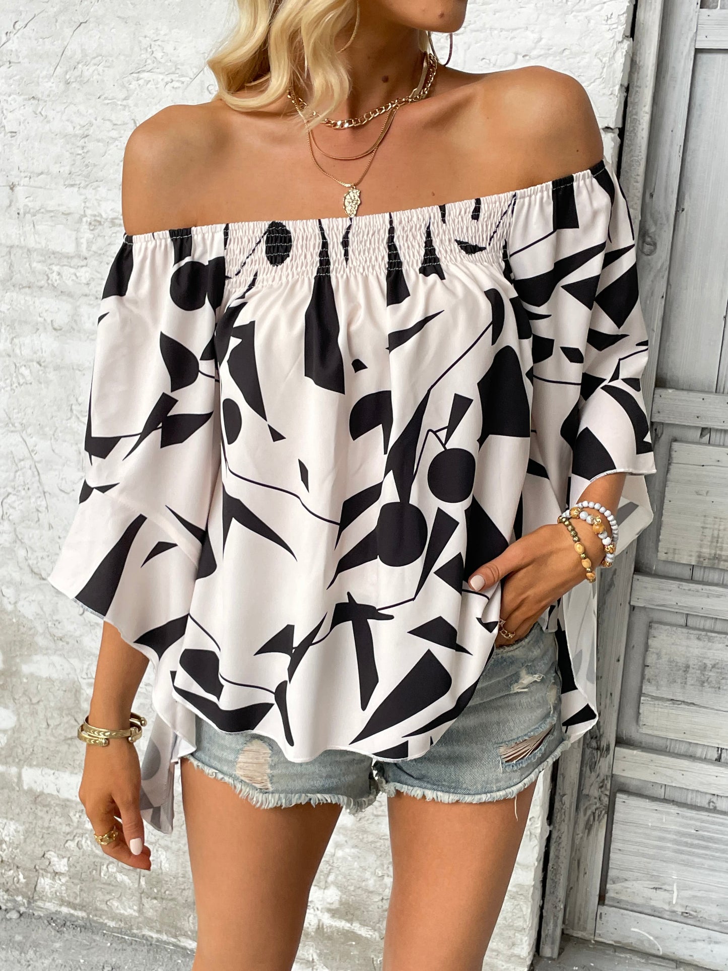 Printed Off-Shoulder Bell Sleeve Blouse - AllIn Computer