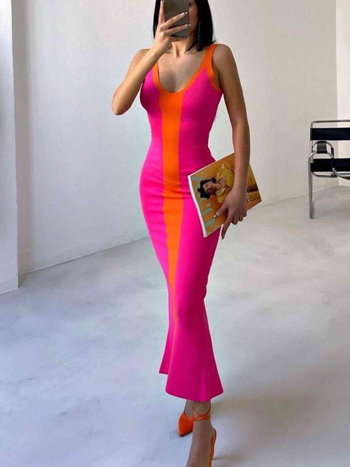 Contrast Wide Strap Slit Midi Dress - AllIn Computer