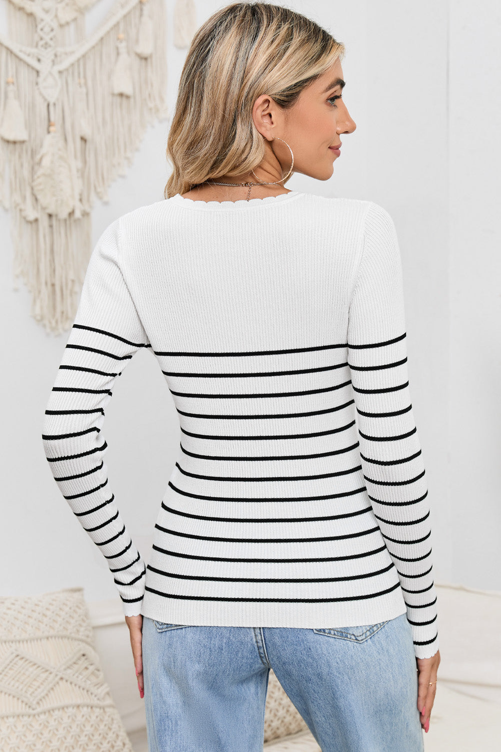 Striped Round Neck Long Sleeve Knit Top - AllIn Computer
