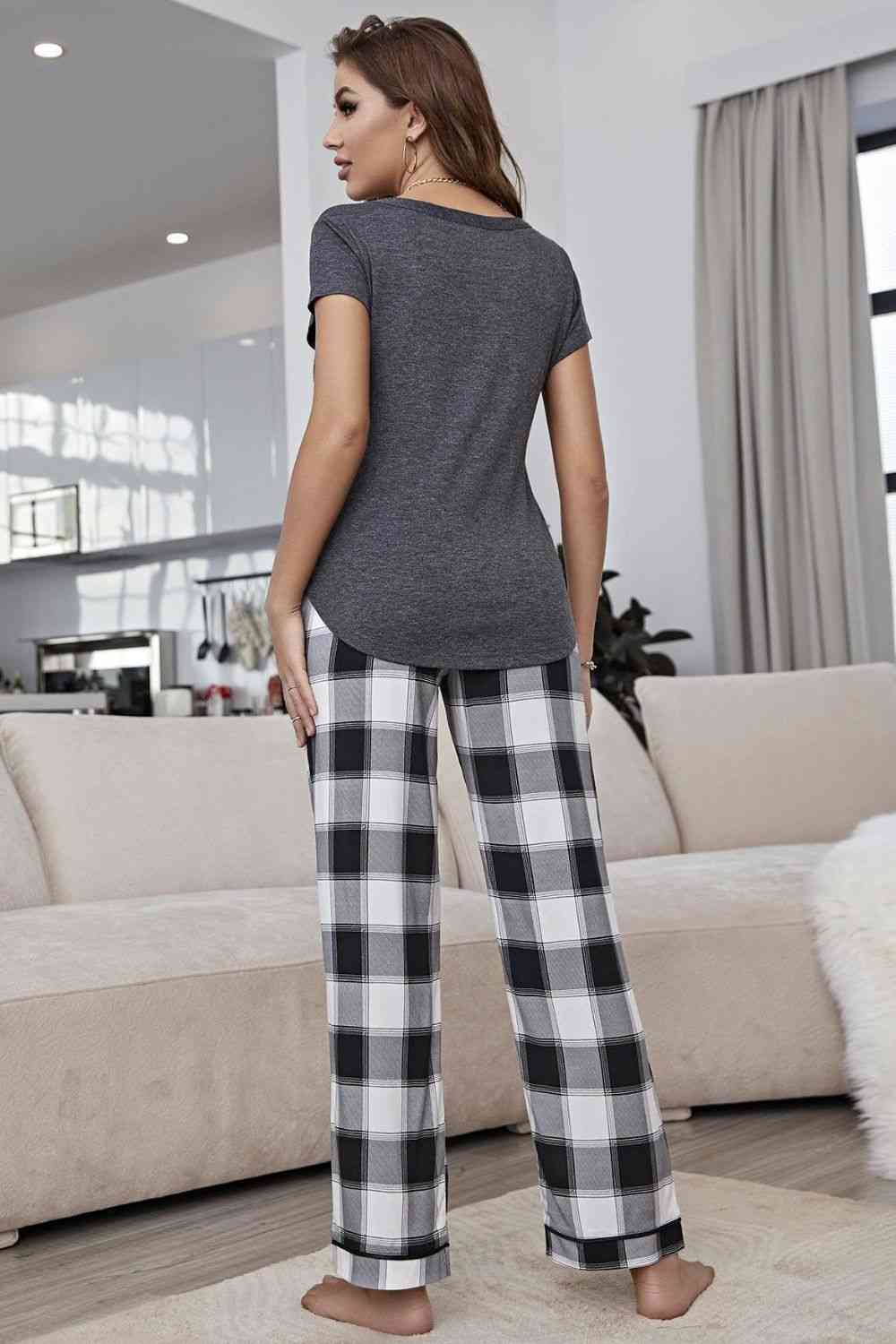 Curved Hem Short Sleeve Top and Plaid Pants Lounge Set - AllIn Computer