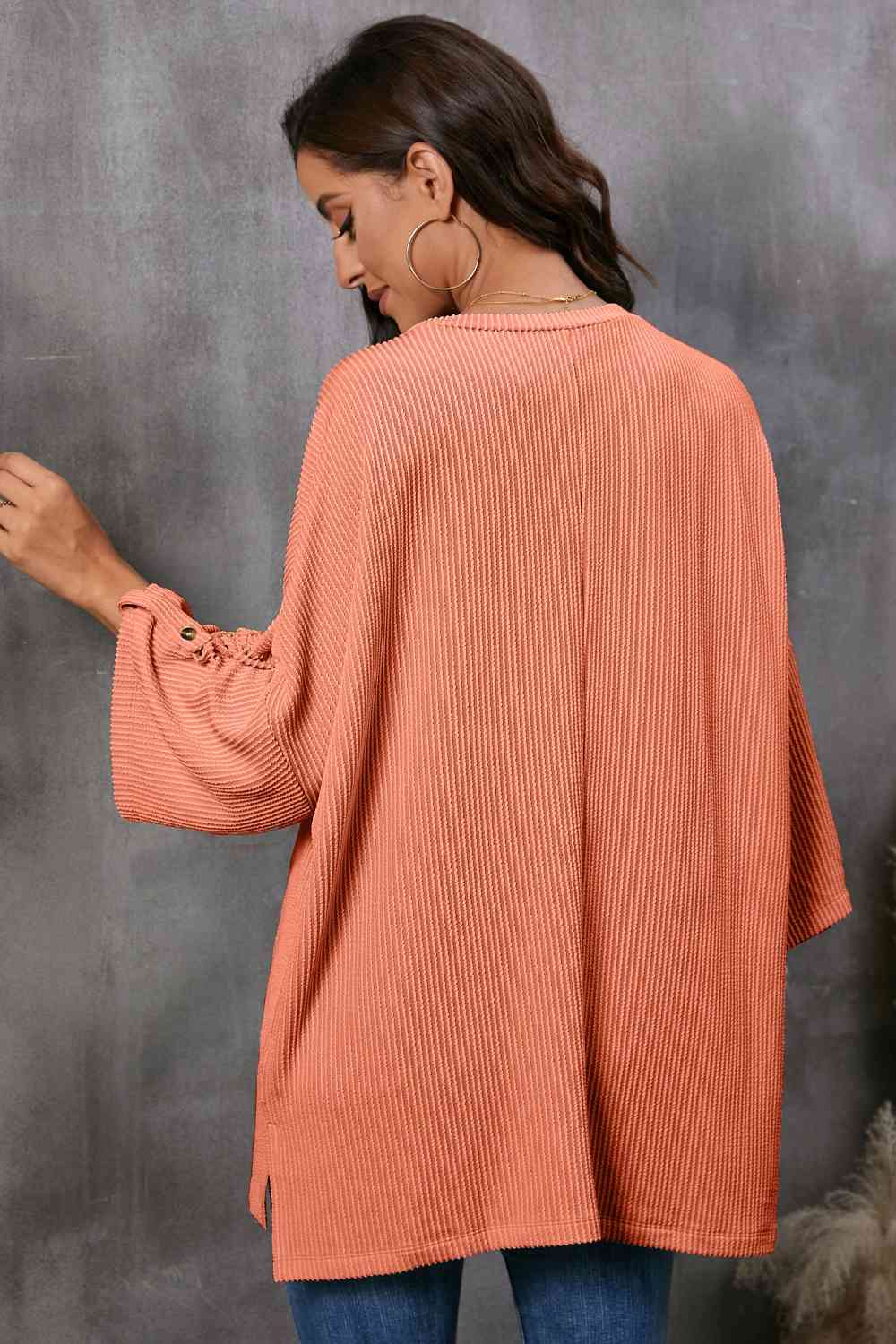 Round Neck Slit Roll-Tab Sleeve Oversize Top - AllIn Computer