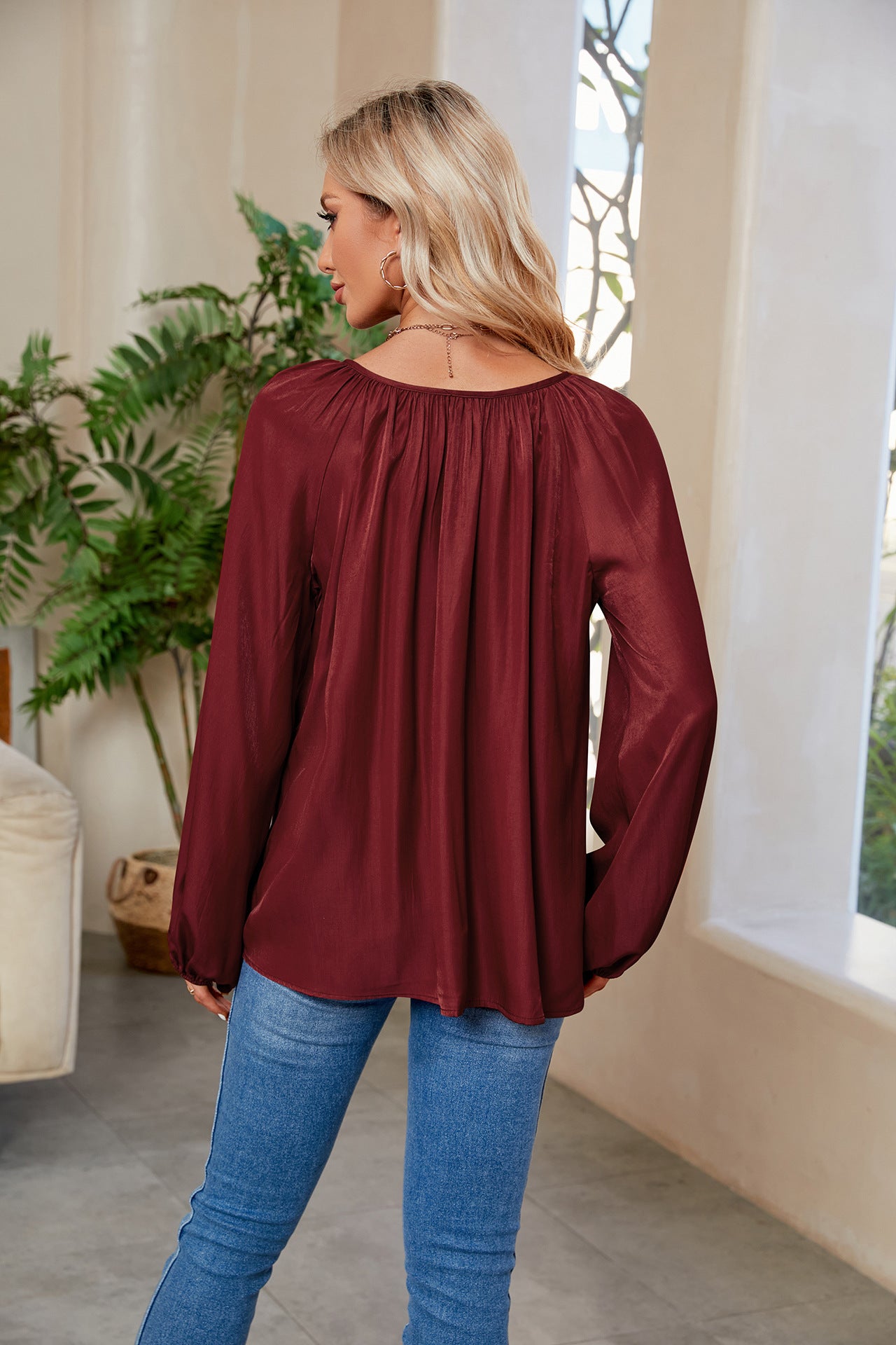 Tie Neck Balloon Sleeve Blouse - AllIn Computer