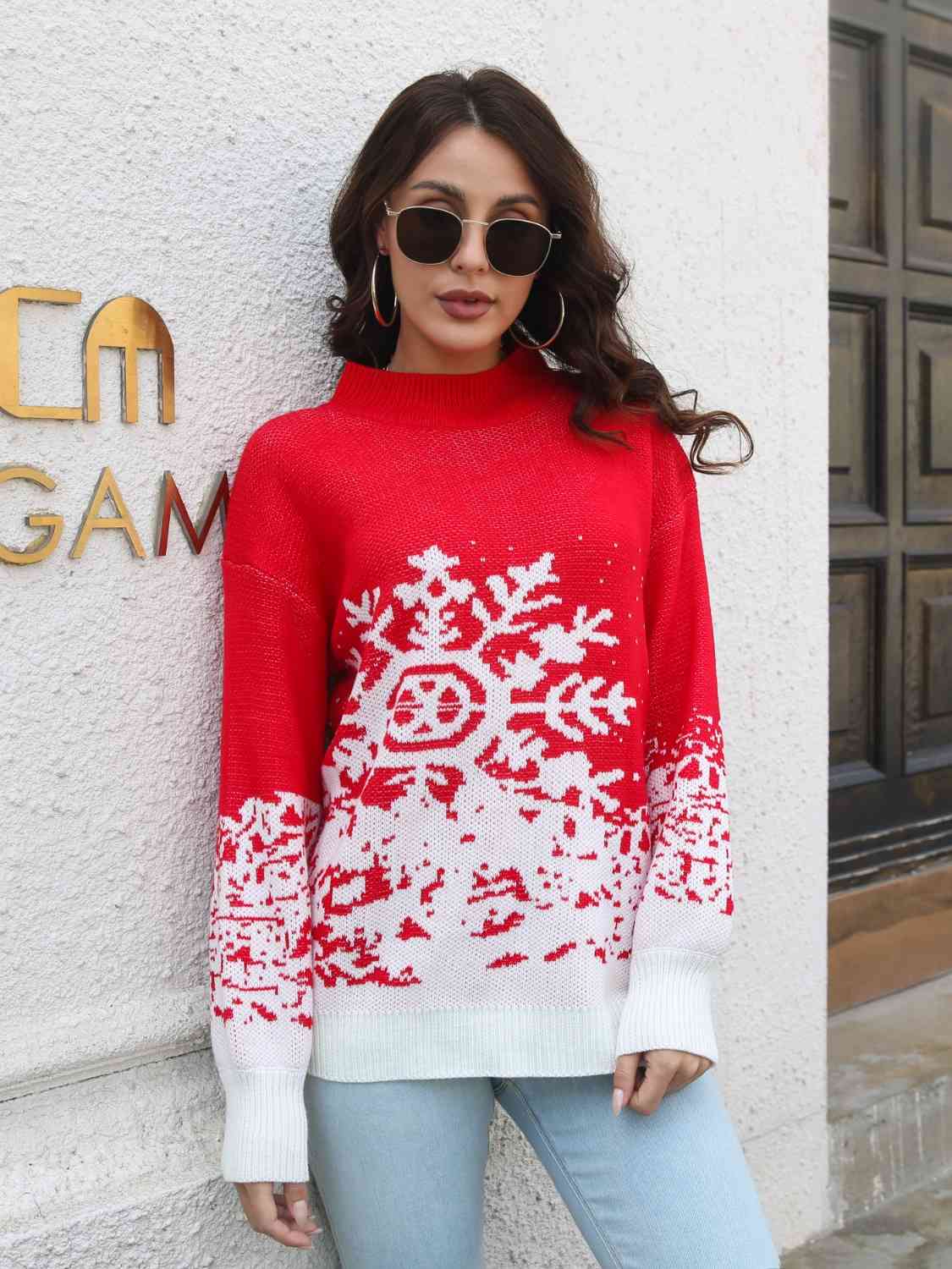 Snowflake Pattern Mock Neck Sweater - AllIn Computer