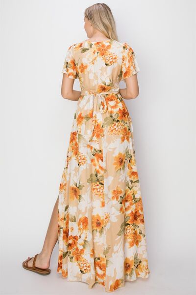 HYFVE Floral Tie Back Short Sleeve Slit Maxi Dress - AllIn Computer