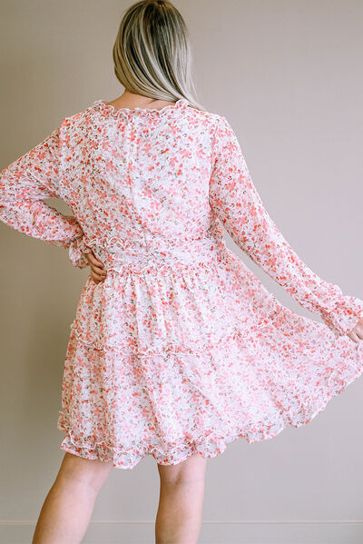 Plus Size Floral V-Neck Frill Long Sleeve Dress - AllIn Computer