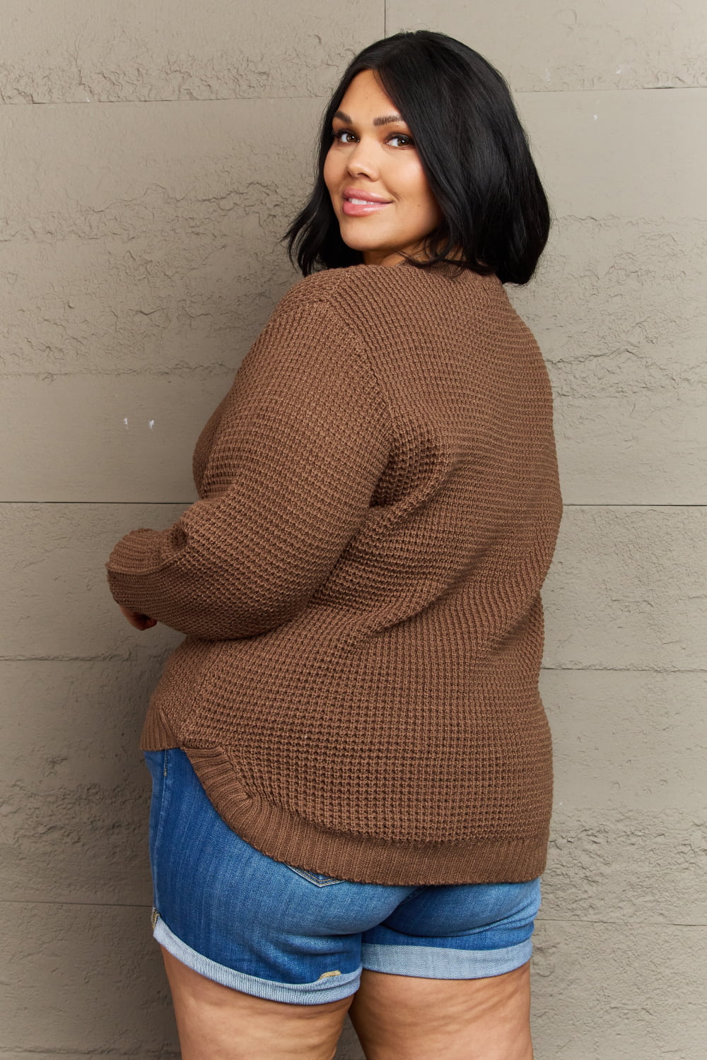 Zenana Breezy Days Plus Size High Low Waffle Knit Sweater - AllIn Computer
