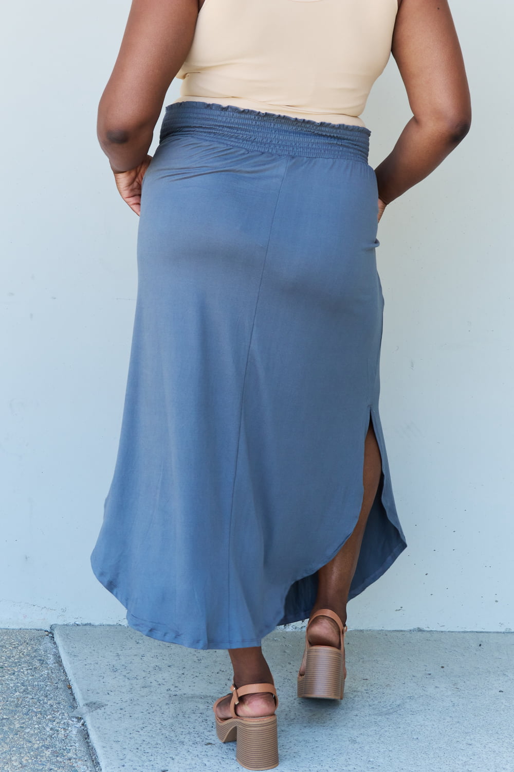 Doublju Comfort Princess Full Size High Waist Scoop Hem Maxi Skirt in Dusty Blue - AllIn Computer