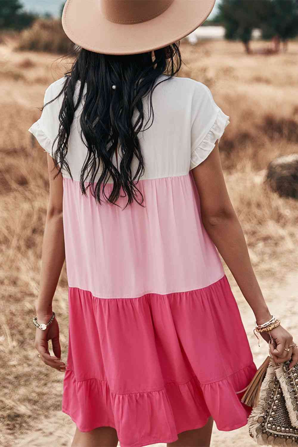 Color Block Round Neck Tiered Dress - AllIn Computer