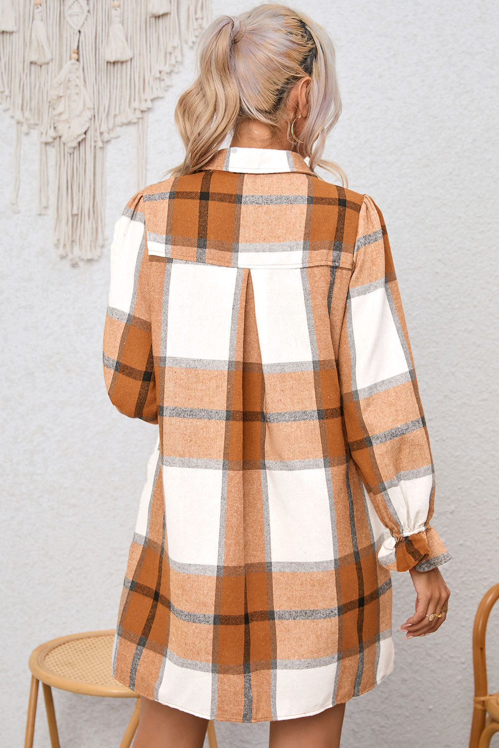 Plaid Collared Neck Flounce Sleeve Shirt Dress - AllIn Computer