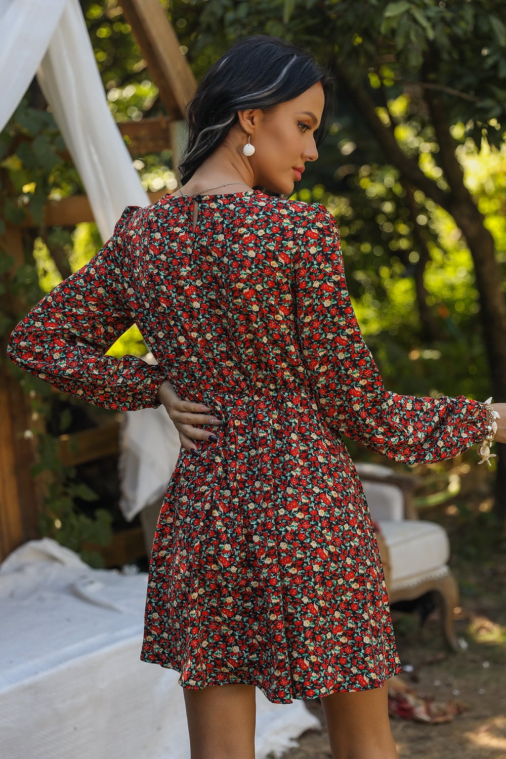 Printed Round Neck Long Sleeve Mini Dress - AllIn Computer