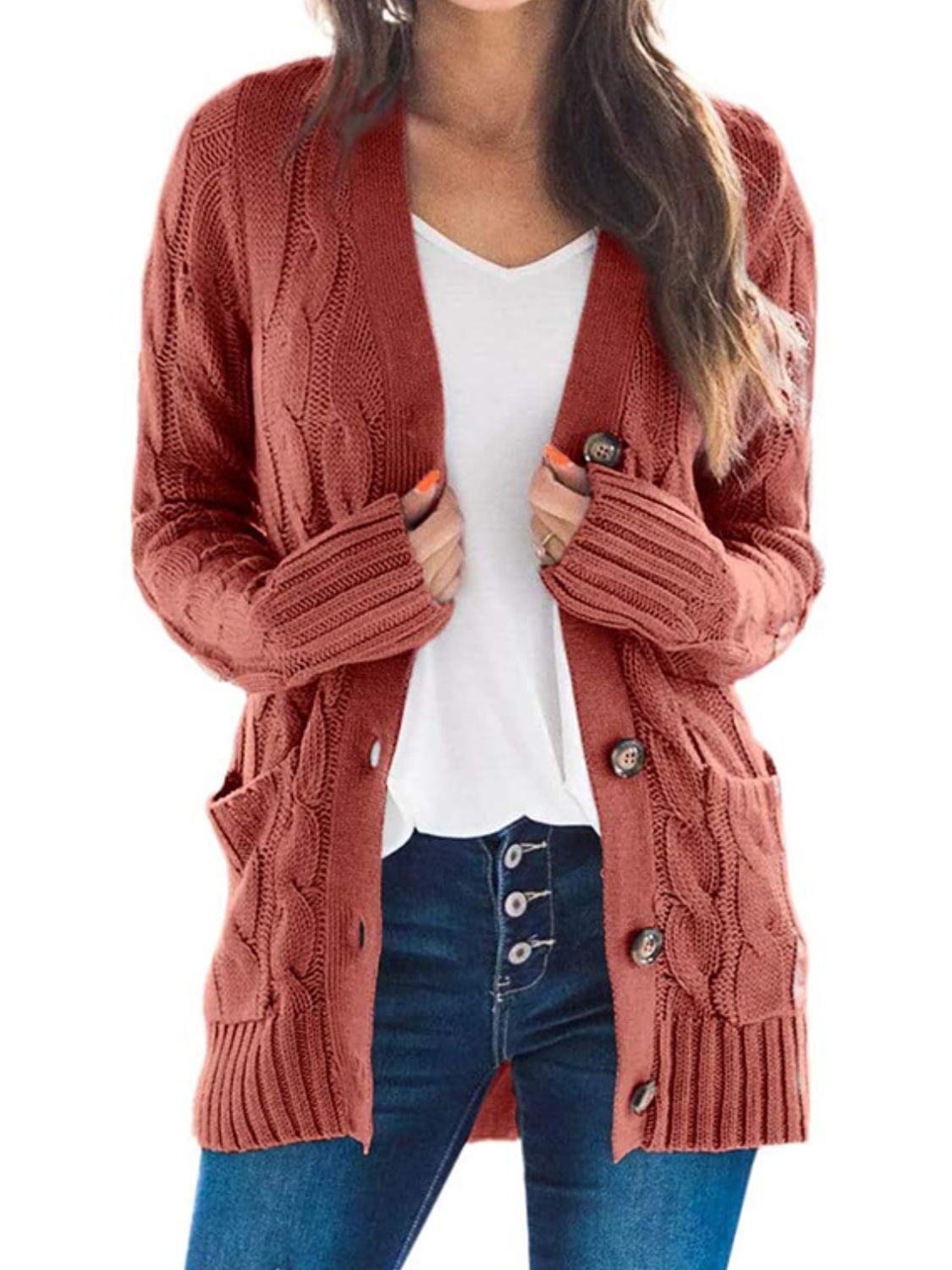Cable-Knit Buttoned Cardigan with Pockets - AllIn Computer
