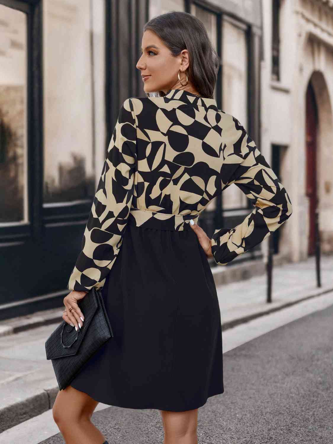 Contrast Notched Tie Front Long Sleeve Dress - AllIn Computer